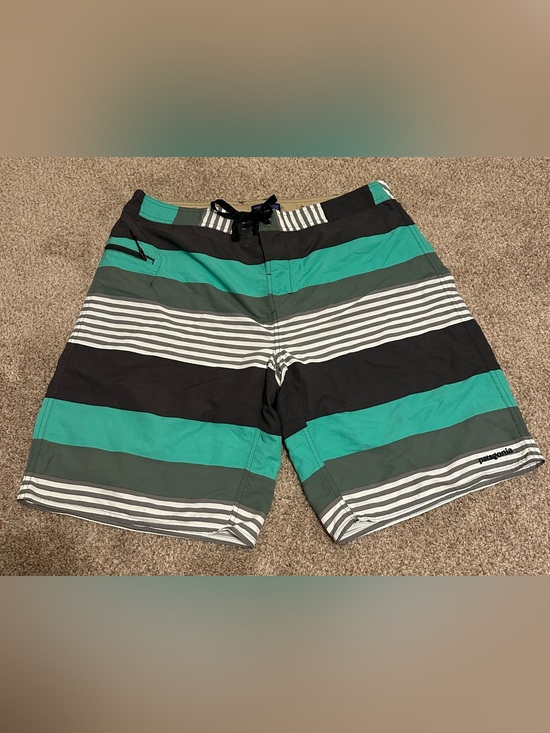 Patagonia Other - Patagonia Teal, Black & Gray Striped Men's Wavefarer Board Shorts